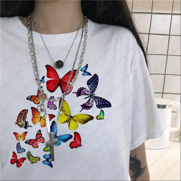 

women t shirts summer colorful butterfly fun shirt ladies casual cool tee brand harajuku couple kawaii plus size clothing, White