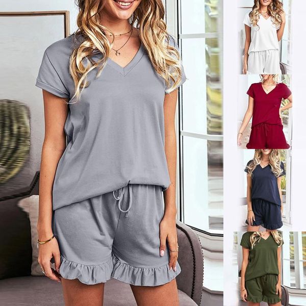 

women's shorts elegant women 2 piece set v neck t-shirt high waist falbala casual suit female fashion clothes leisure wear pajamas, White;black