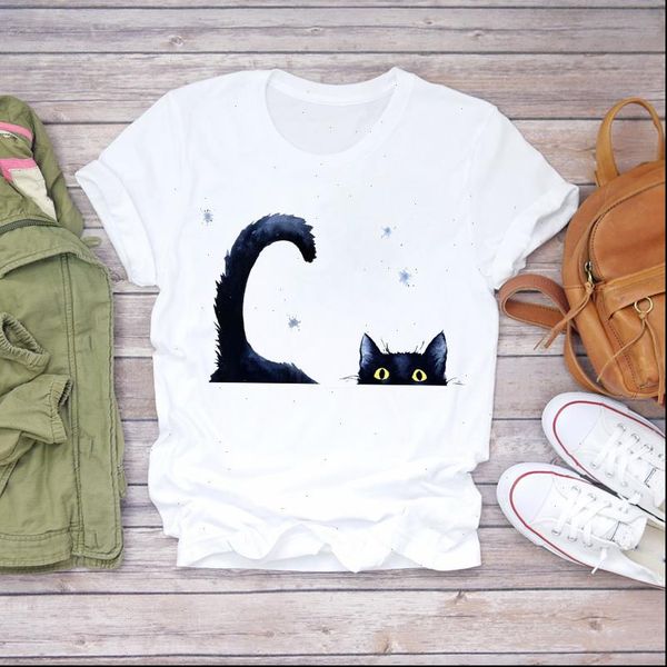 

printing cartoon cat lovely cute womens t shirt work style 90s print graphic female tee, White