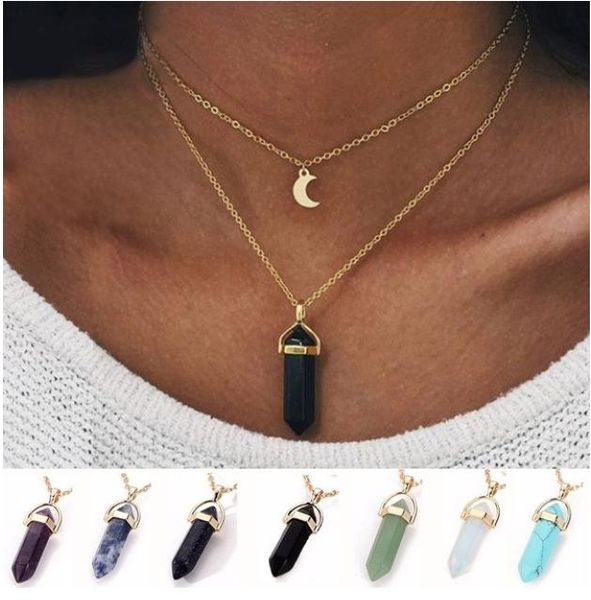 

pendant necklaces hexagonal column double layers moon stone chain for women jewelry girl gift, Silver