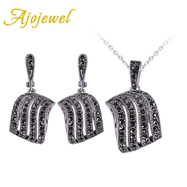 

earrings & necklace ajojewel antique black crystal rhinestone pendant sets women vintage jewelry wholesale, Silver