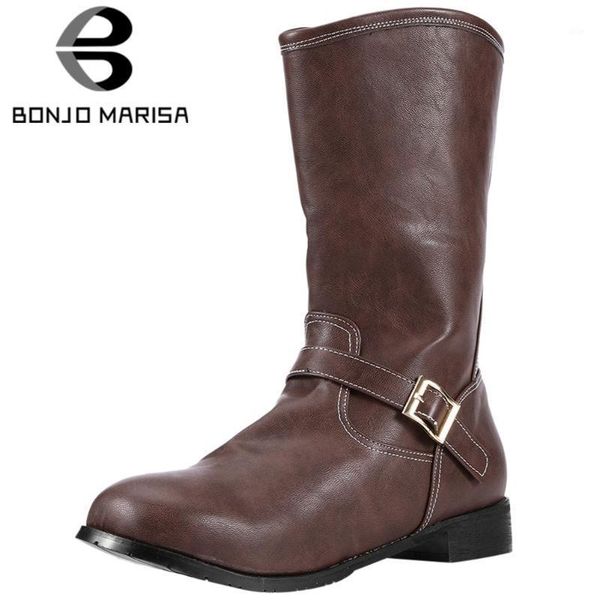 

boots bonjomarisa arrival slip-on mid-calf riding concise solid color high women low heel autumn shoes woman1, Black