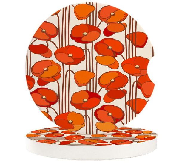 

table runner poppies orange flower art small round ceramic car coasters set for drinks coffee tea beverage cup holder