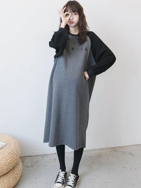 

maternity dresses black grey pregnant women dress autumn long bat sleeve o-neck fleece plus size mid-calf letters cotton, White