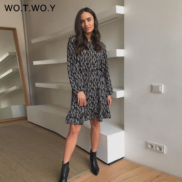 

wotwoy high waist long sleeve printed dresses women back zipper a-line knee-length ruffles dress female o-neck casual dress lady, Black;gray