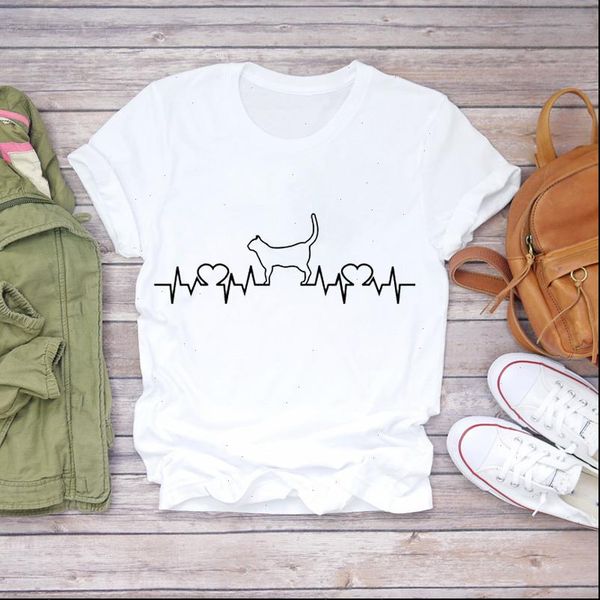 

cat cartoon heartbeat short sleeve women pet animal print graphic tee, White