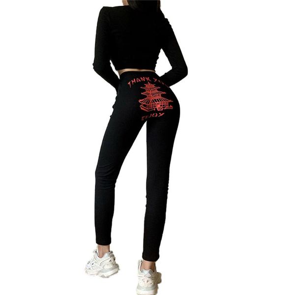 

fashion women ladies autumn casual high waist sport pants personality building and letter print tight-fitting trousers women's & capris, Black;white