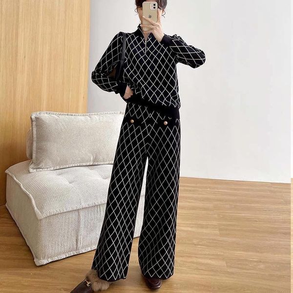 

women's two piece pants 2021 women sets winter plaid printed knitted pant suits parkas female y2k geometric sweaters wide leg p277, White