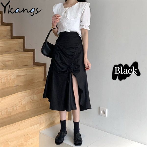 

summer black gothic pleated skirts ladies korean irregular split skirt women elegant high waist drawstring jupe femme falda 210421