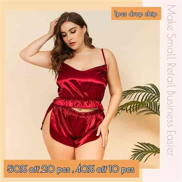 Plus Size Frill Trim Cami Top com Split Side Shorts Sexy Sleepwear Sleepwear Atacado Pijama Silk Homewear Mercado CT 210809