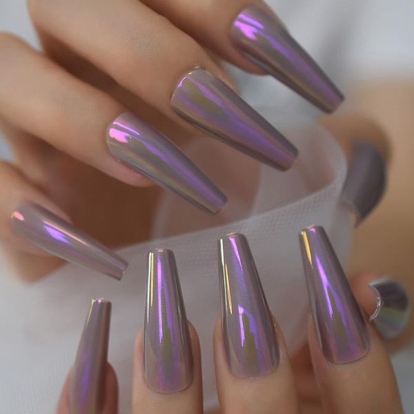 

false nails extra long chrome fake metallic press on mirror shine artificial tapered acrylic nail art unghie accessori, Red;gold