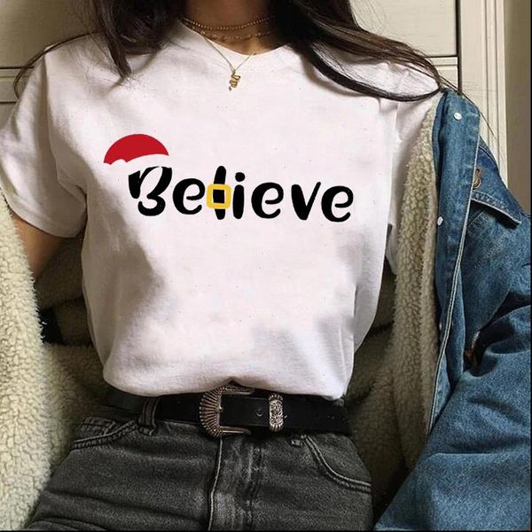 

letter believe fashion holiday women year christmas tees graphic, White