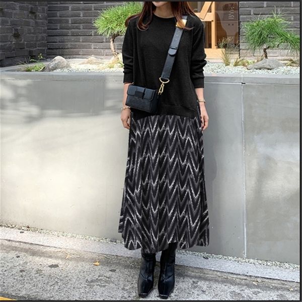

fyf autumn plus size dresses and winter 2021large sleeve t-shirt stitching printing swing dress round neck fake two s skirt long skirtt-shi