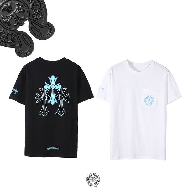 

spring summer ch lake blue cross horseshoe letter print loose round neck short sleeve casual t-shirt for men a, White
