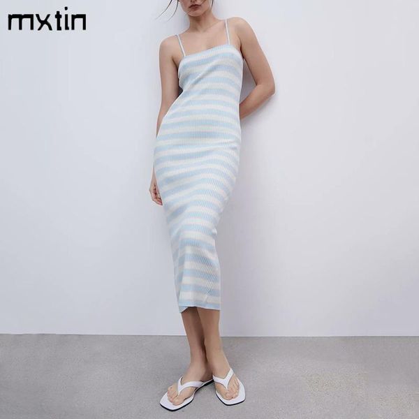 

casual dresses mxtin 2021 women summer striped knitted dress vintage square collar backless slim female party vestidos mujer, Black;gray