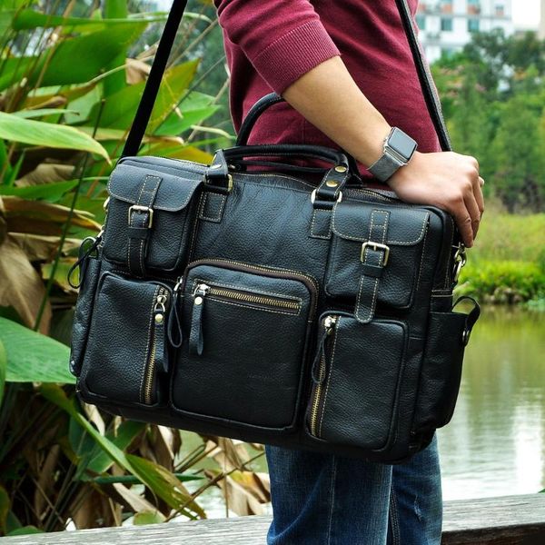 

briefcases men real leather antique large capacity travel briefcase business 15.6" lapcase attache messenger bag portfolio 3061-b