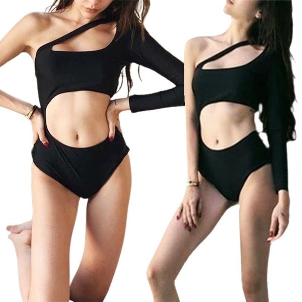 

one-piece suits women solid color swimsuit long sleeve off-shoulder hollow out swimwear for summer