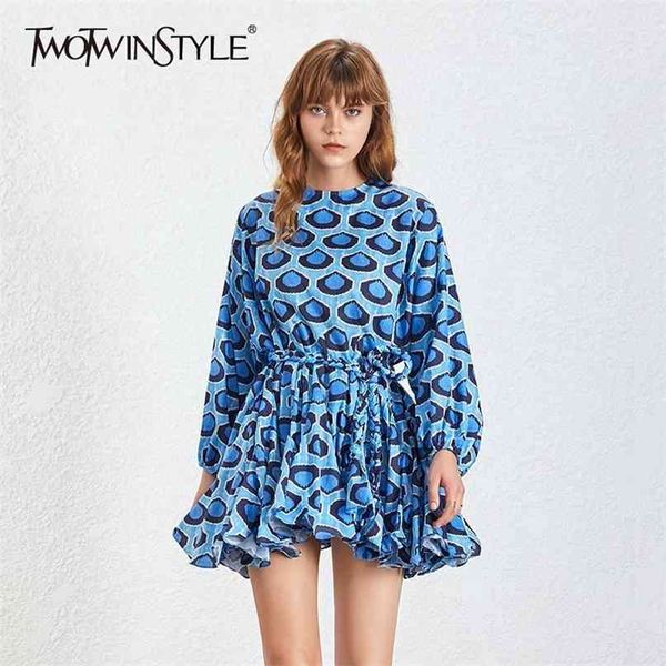 

print mini women's dress long sleeve o neck high waist sashes slim a line dresses female fashion 210520, Black;gray