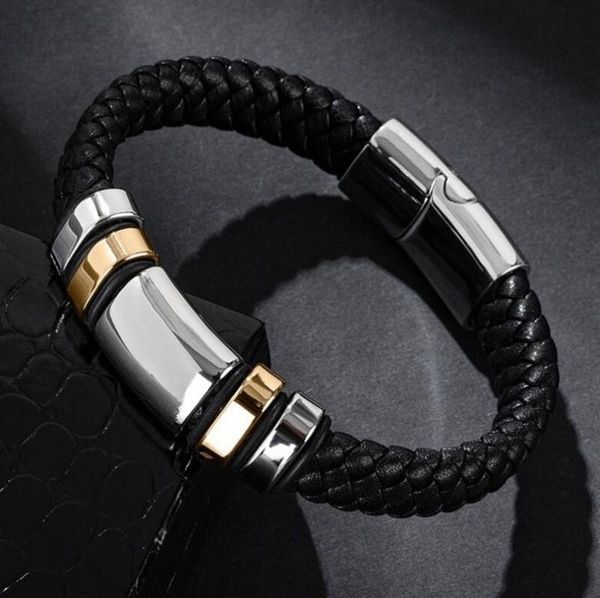 

tennis fashion classic black leather bracelet metal magnetic buckle men's personality trend jewelry gift, Golden;silver