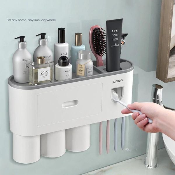 

toothbrush holders holder wall automatic toothpaste squeezer dispenser magnetic adsorption inverted cup storage rack bathroom accessorie