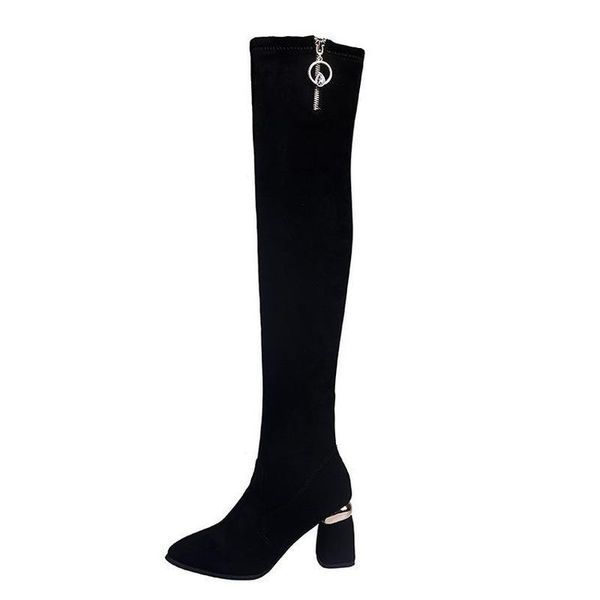 

high boots women's autumn and winter thick heel slim side zipper tube elastic, Black