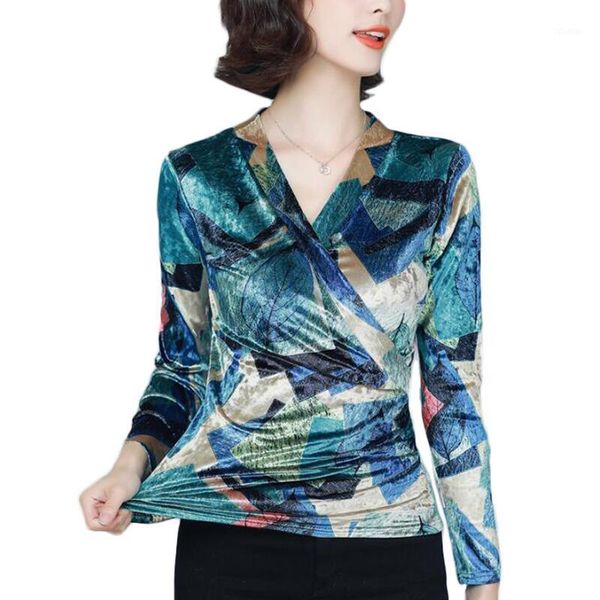 

velour blouse women shirts long sleeve v-neck vintage print blouses korean plus size camisas de mujer women's &, White
