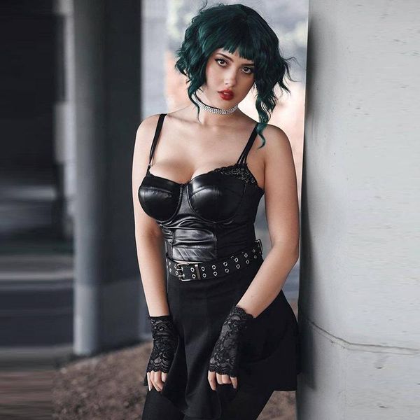 

women's tanks & camis crop lace patchwork pu black gothic sleeveless women ng, White