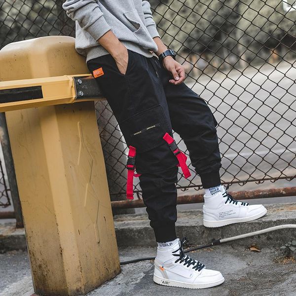

ribbons men's overalls streetwear leisure jogger sweatpants 2021 fashionable trousers multi pocket pants, Black