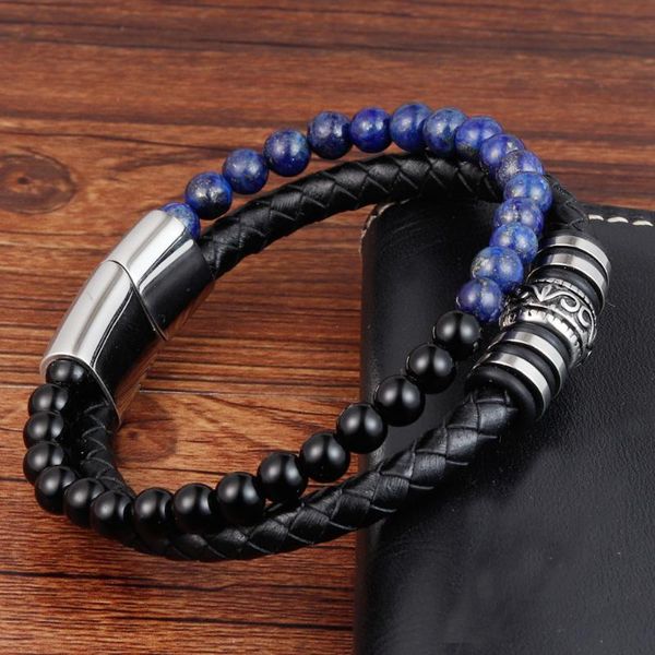 

link, chain selling natural stone beads titanium steel bracelet leather woven stainless multilayer, Black
