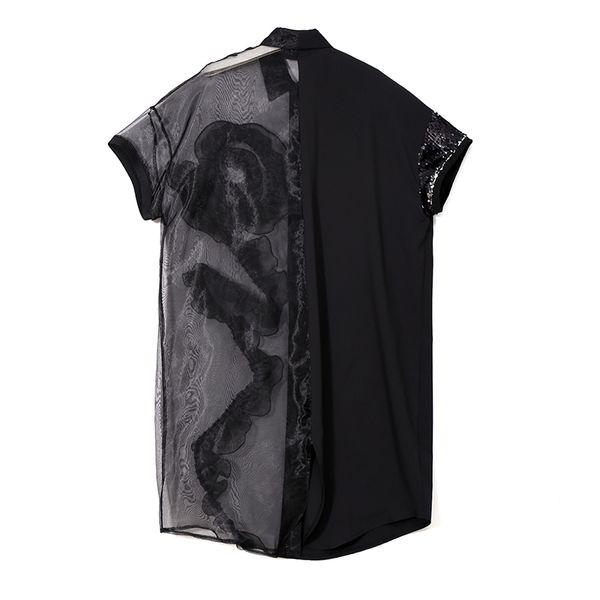 

2021summer woman black midi mesh & chiffon shirt dress plus size ruffle embroidery sequined lady sheer voile party dresses robe 3392, Black;gray