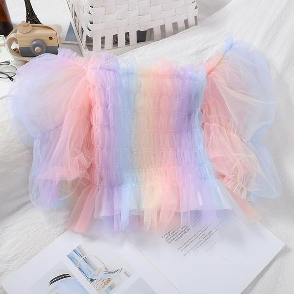 

rainbow women mesh chiffon crop puff sleeve cute slim night club blouse 2021 summer women's tanks & camis, White