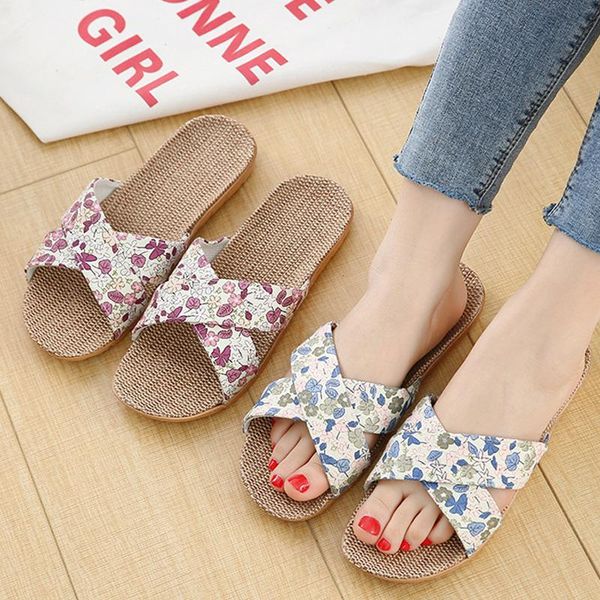 

linen slippers female summer home indoor korean version of cross belt sweet non-slip household floor sandals and, Black
