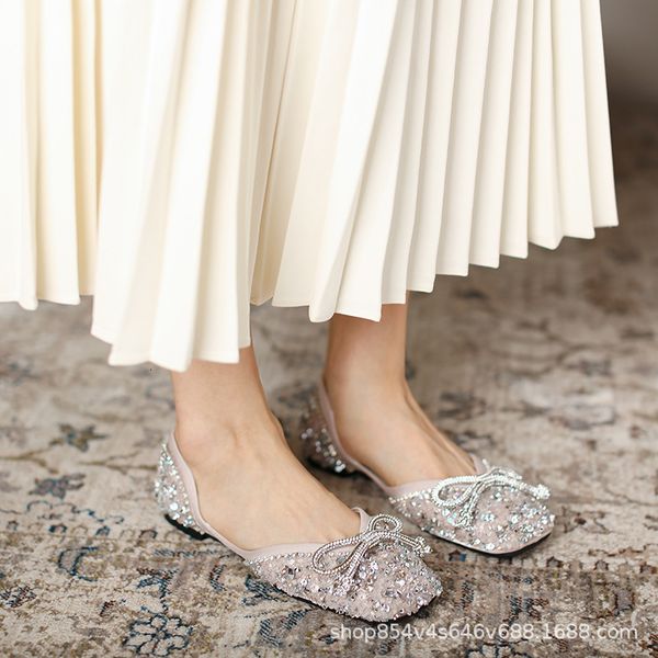 

138-68 korean version diamond sandals sequin shallow mouth square head soft sole single shoes women's flat heel bottom gentle ladle pek, Black