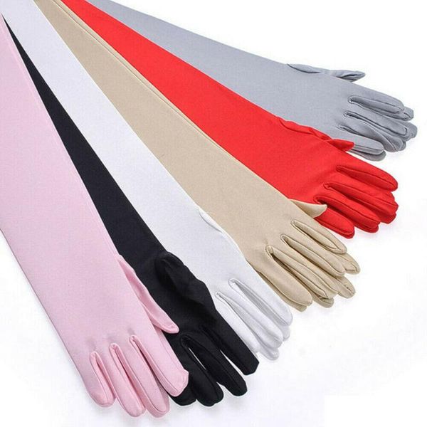 

five fingers gloves fashion long satin for women ladies evening party formal prom finger mittens black blue red white, Blue;gray