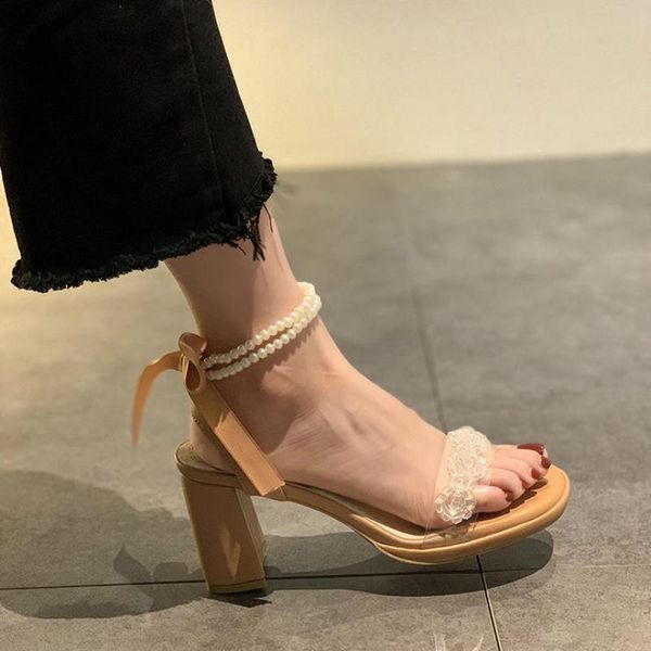

dress shoes high heeled women's summer 2021 pearl diamond sandals ladies thick heels fairy style fashion riband lace-up lady, Black