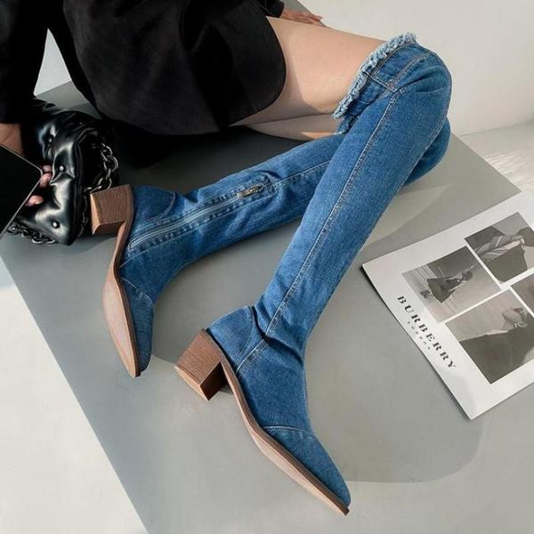 

boots blue cowboy long women's shoes thick-heeled western high boot slim over-the-knee knight thigh botas mujer femininas, Black