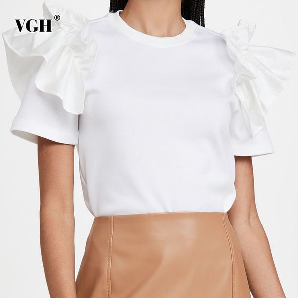 

vgh white casual patchwork ruffle t shirt for women o neck short sleeve solid slim t shirts female summer fashion clothing 210421