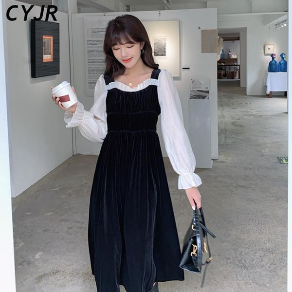

casual dresses black vintage dress women square collar long sleeve evening party retro gothic female one piece korean 2021 autumn, Black;gray
