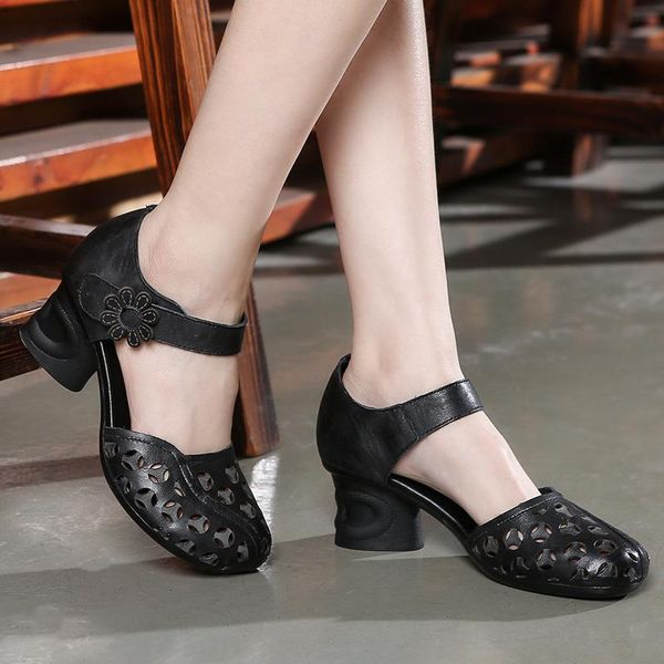 

sandals national style handmade hollow out thick heel flower women shoes fashion round block heels red, Black