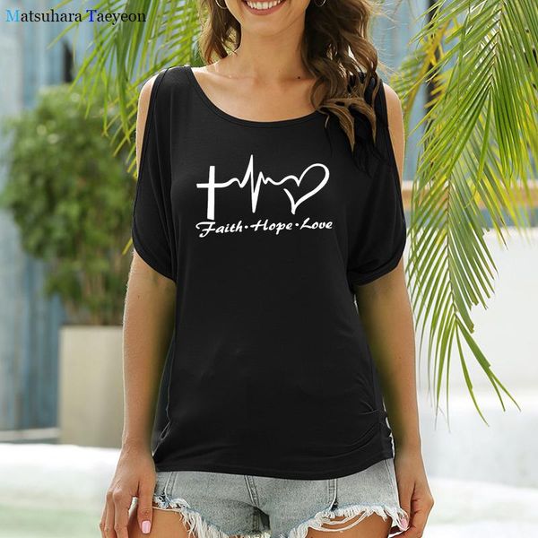 

women's t-shirt summer fashion faith hope love graphic t shirts slit sleeve cold shoulder batwing tshirt women casual tees, White