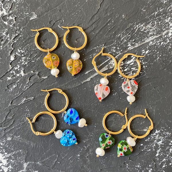 

hoop & huggie minar sweet flowers print love heart earrings for women candy color irregular pearl unique party beach jewelry, Golden;silver