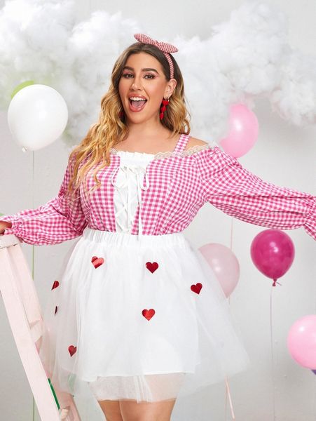 

plus gingham cold shoulder flounce sleeve lace-up blouse x77a#, Black