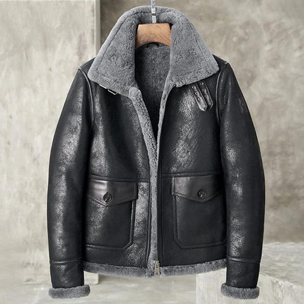 

men's leather & faux shearling jacket mens sheepskin pilots coat fur b3 bomber flying black