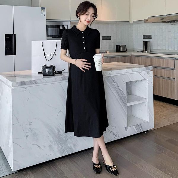 

8901# summer korean fashion maternity long dress elegant a line slim loose clothes for pregnant women sweet chic pregnancy dresses, White