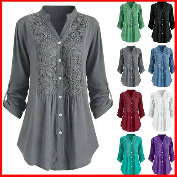 

lace splicing button women solid color spring autumn casual stand collar long sleeve shirt female plus size loose blusa feminina, White