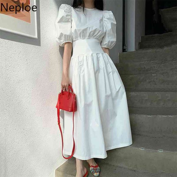

pleated dress women french chic o neck puff sleeve ladies vestidos summer elegant slim waist female dresses 1c908 210422, Black;gray