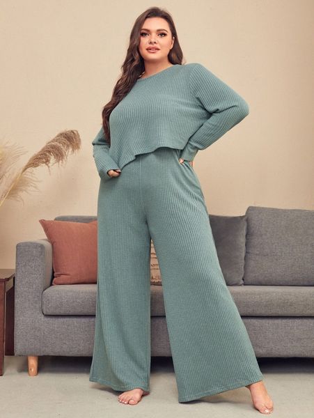 

plus solid waffle knit pj set c4rm#, Black;white
