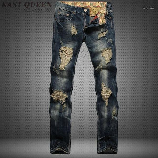 

men casual denim pants slim washed destroyed for male straight plaid biker ripped pant full length trousers dd450 f1, Blue