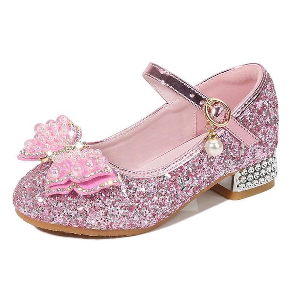 

flat shoes princess kids leather glitter crystal butterfly knot party wedding girls high heels shiny heel student performance, Black;grey