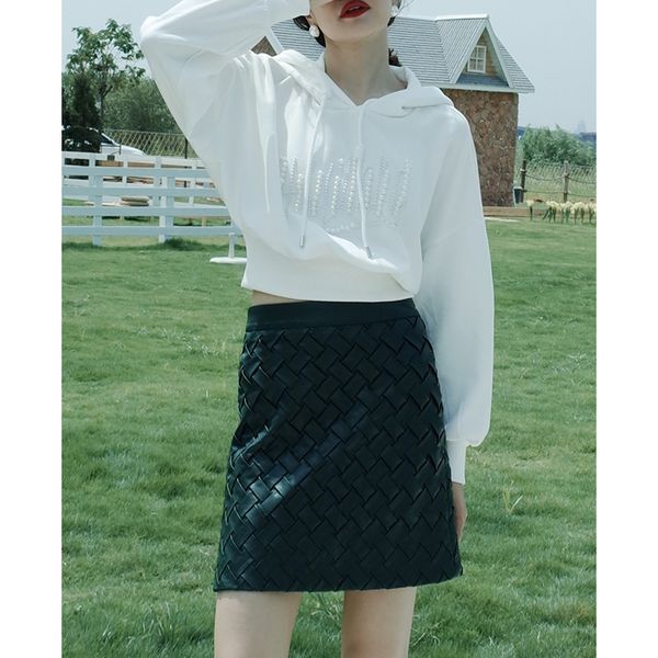 

skirts jiaqi woven pu leather a word 2021 high waist women's short skirt, Black